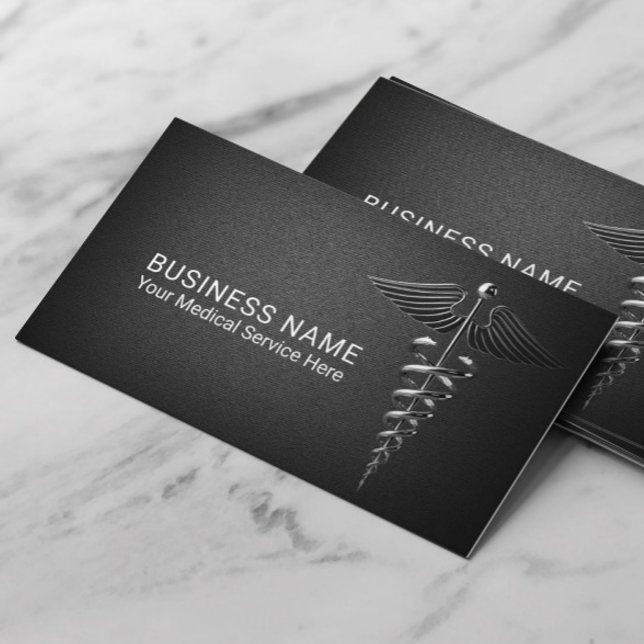 Medical Silver Caduceus Elegant Black Health Care Business Card (Creator Uploaded)