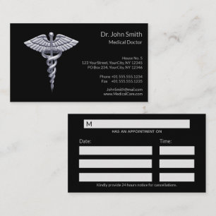 Medical Silver Classy Caduceus on Black Appointment Card