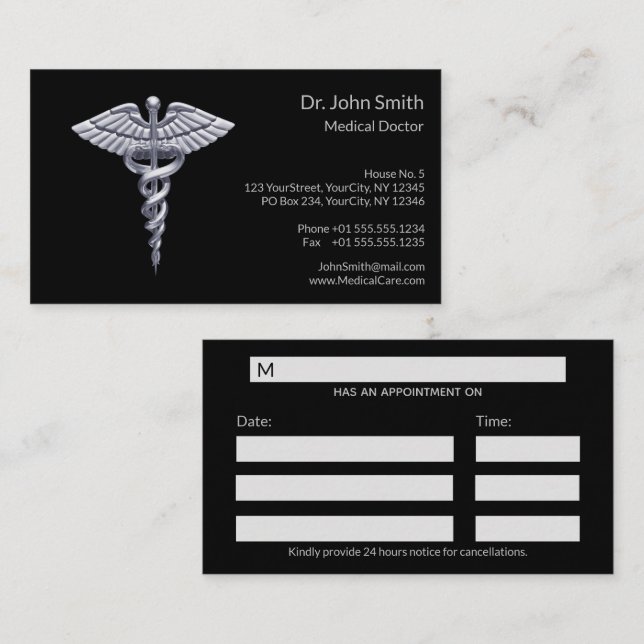 Medical Silver Classy Caduceus on Black Appointment Card (Front/Back)