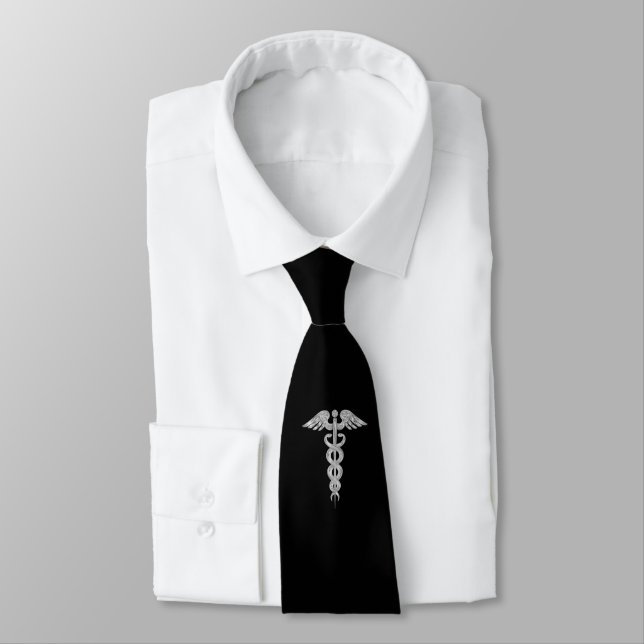Medical Silver Grey Caduceus on Black Tie (Tied)