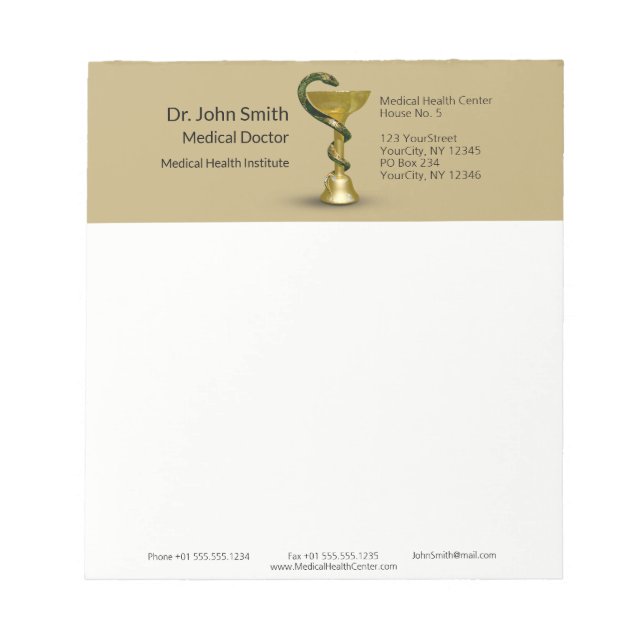 Medical Snake Beige Bowl Hygieia Gold Caduceus Notepad (Front)