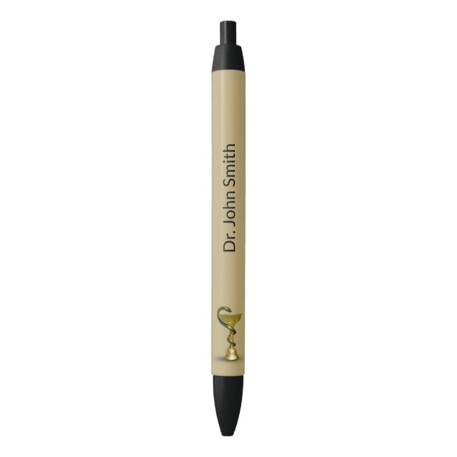 Medical Snake Bowl Beige Hygieia Gold Caduceus Black Ink Pen (Front Vertical)