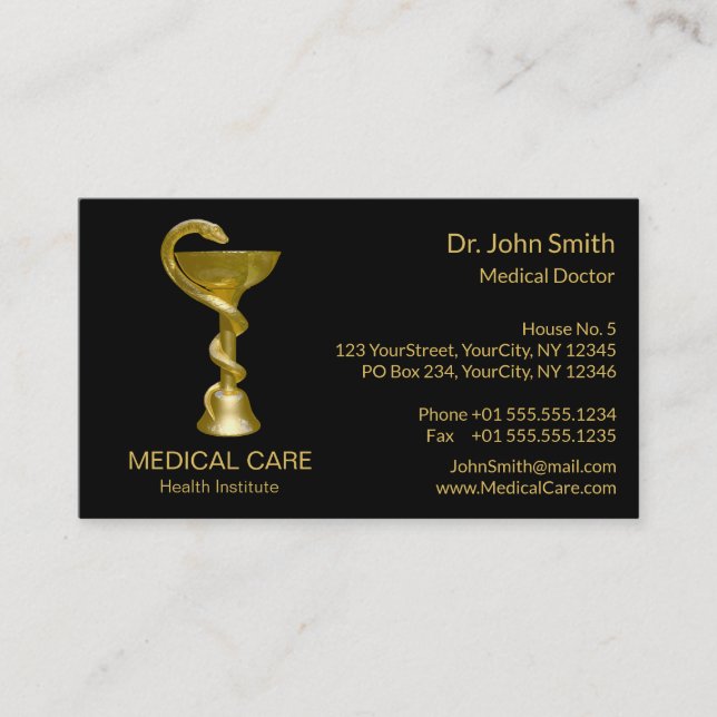 Medical Snake Bowl Hygieia Gold Classy Caduceus Business Card (Front)