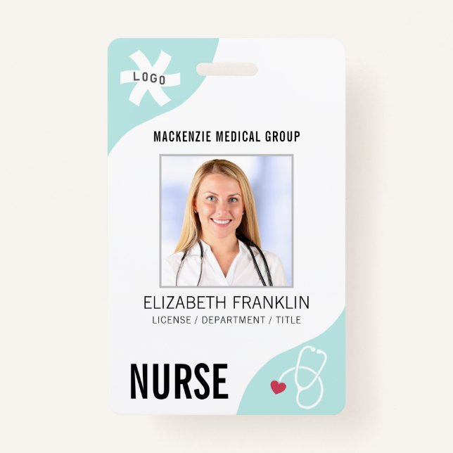 Medical Stethoscope Editable Mint Green NURSE ID Badge (Front)