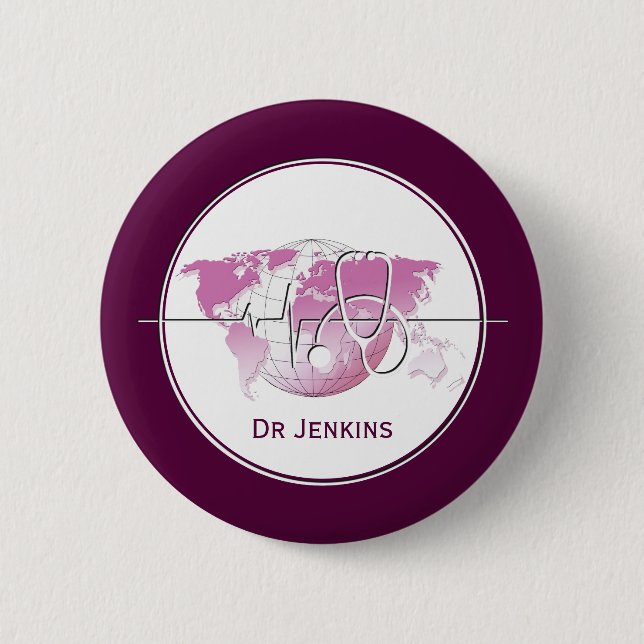 Medical Stethoscope Heartbeat World Map 6 Cm Round Badge (Front)