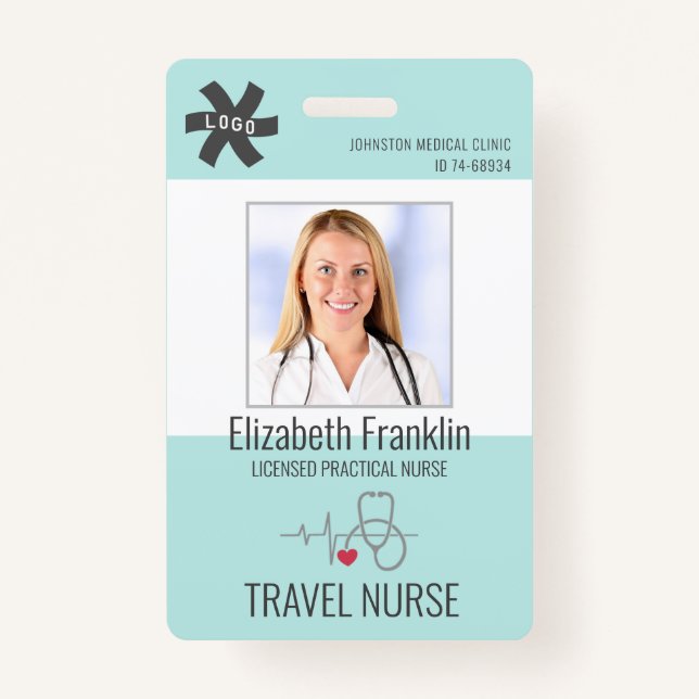 Medical Stethoscope Mint Green TRAVEL NURSE ID Badge (Front)