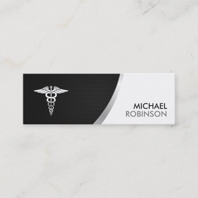 Medical Symbol Caduceus - Modern Silver Metallic Mini Business Card (Front)