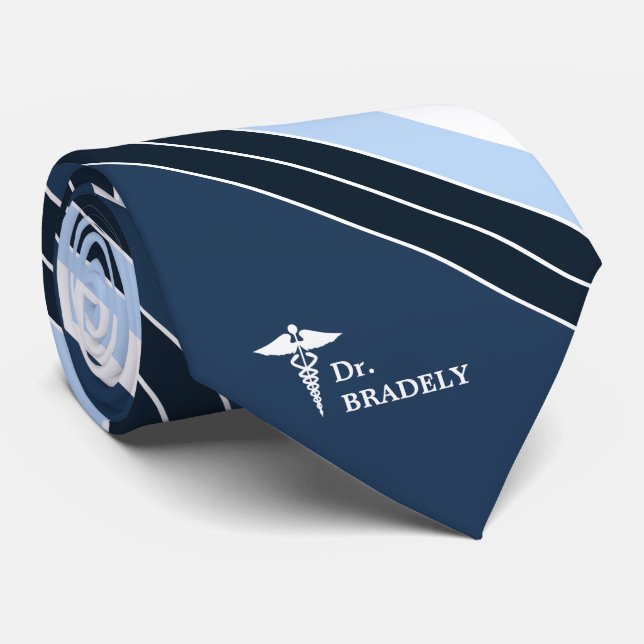 Medical Symbol Custom Name Navy Blue Striped Tie (Rolled)
