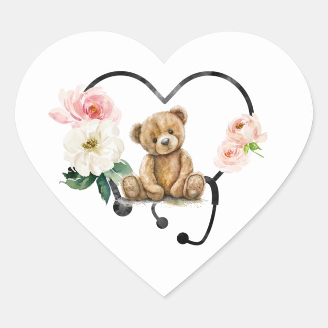 Medical Teddy Bear Floral Stethoscope  Heart Sticker (Front)