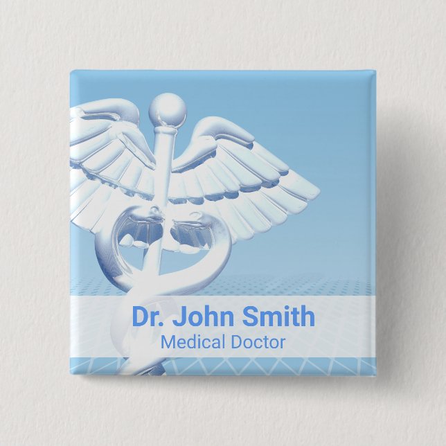 Medical White 3D Caduceus Blue Design 15 Cm Square Badge (Front)