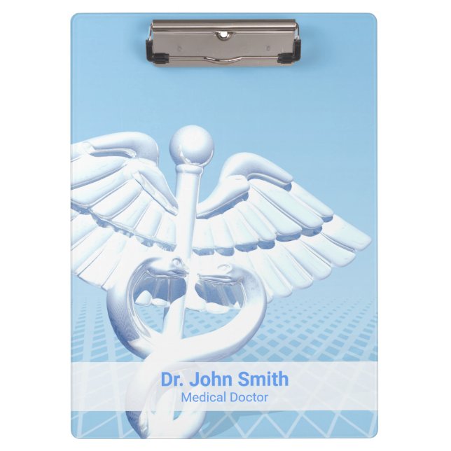 Medical White 3D Caduceus Blue Design Clipboard (Front)