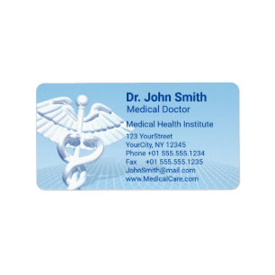 Medical White 3D Caduceus Blue Design Label