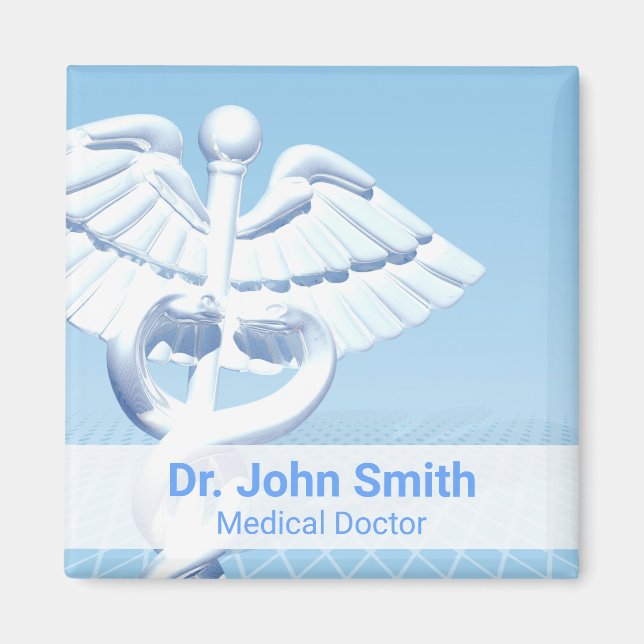 Medical White 3D Caduceus Blue Design Magnet (Front)
