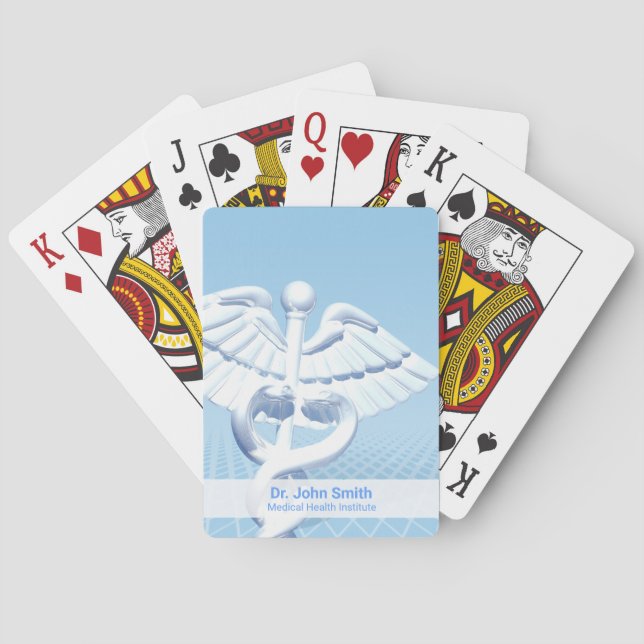 Medical White 3D Caduceus Blue Design Playing Cards (Back)