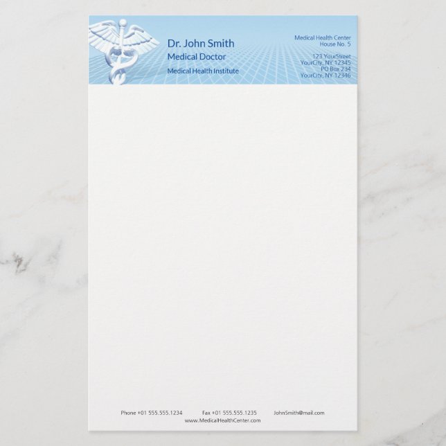 Medical White 3D Caduceus Blue Design Stationery (Front)