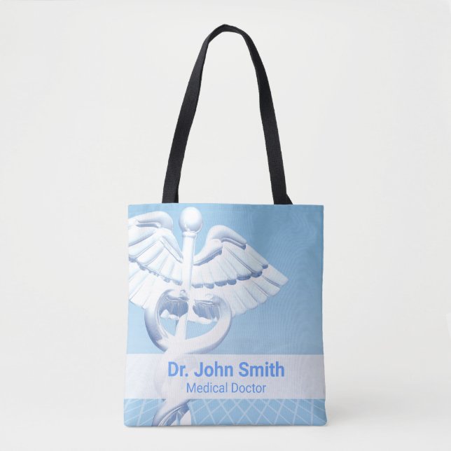 Medical White 3D Caduceus Blue Design Tote Bag (Front)