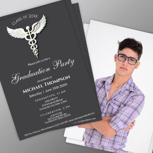 Medical White Caduceus Anthracite Photo Graduation Invitation