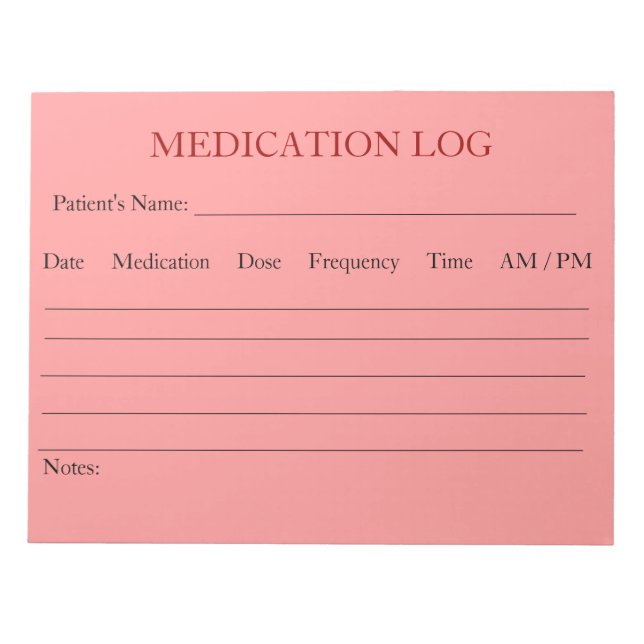 Medication Log Notepad (Pink) (Front)