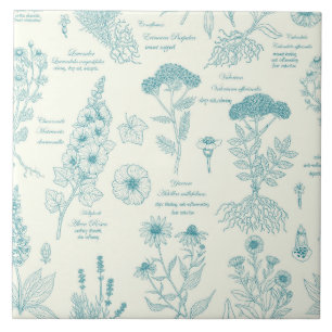 Medicinal Garden Herbarium in blue and off white Tile