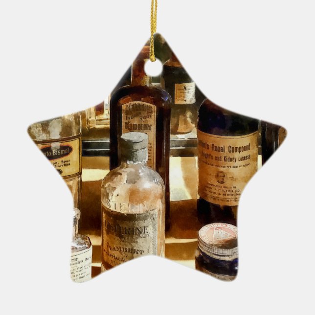 Medicine Bottles in Glass Case Ceramic Tree Decoration (Front)