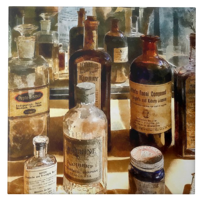 Medicine Bottles in Glass Case Tile (Front)