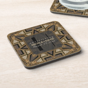 Mediev Art Deco Black Gold Wedding Anniversary Coaster