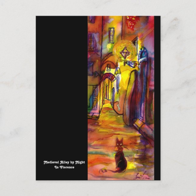 MEDIEVAL ALLEY BY NIGHT IN FLORENCE black Postcard (Front)