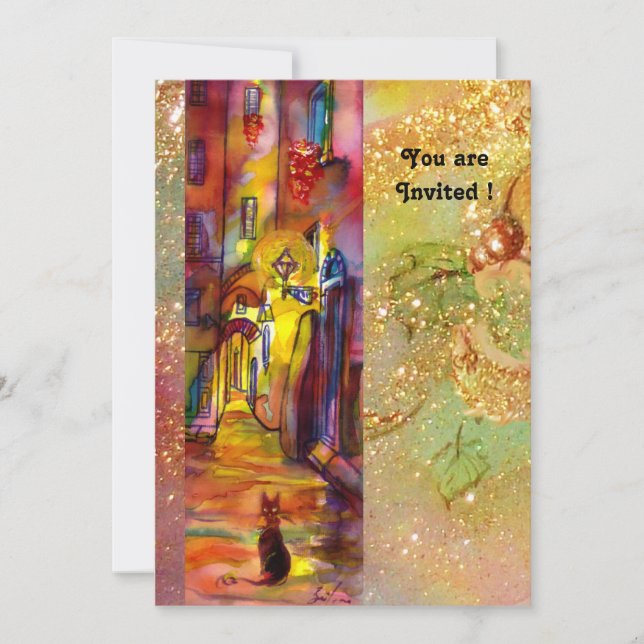 MEDIEVAL  ALLEY BY NIGHT IN FLORENCE,red yellow Invitation (Front)
