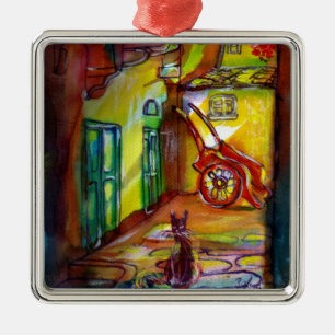 MEDIEVAL ALLEY BY NIGHT IN FLORENCE WITH BLACK CAT METAL TREE DECORATION