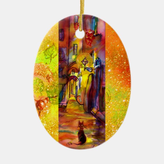 MEDIEVAL ALLEYS  BY NIGHT IN FLORENCE CERAMIC TREE DECORATION (Front)