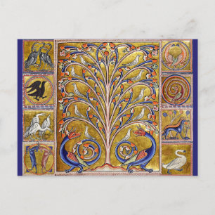 MEDIEVAL BESTIARY,BIRDS ON TREE OF LIFE,DRAGONS POSTCARD