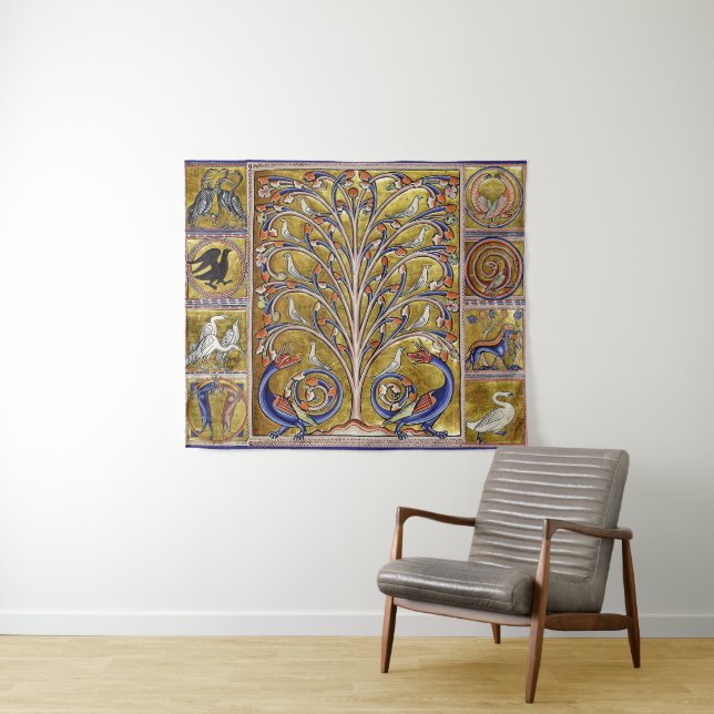 MEDIEVAL BESTIARY,BIRDS ON TREE OF LIFE,DRAGONS  TAPESTRY (In Situ (Horizontal))