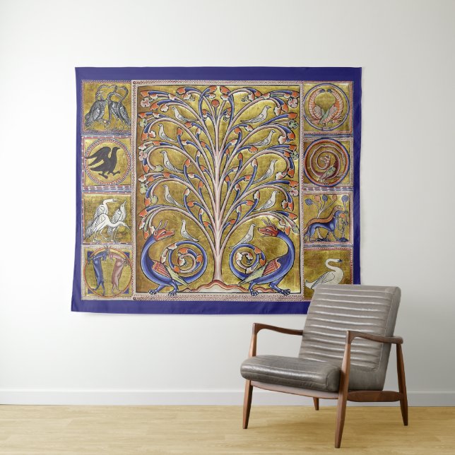 MEDIEVAL BESTIARY,BIRDS ON TREE OF LIFE,DRAGONS  TAPESTRY (In Situ (Horizontal))