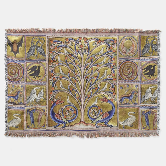 MEDIEVAL BESTIARY,BIRDS ON TREE OF LIFE,DRAGONS  THROW BLANKET (Front)