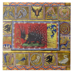 MEDIEVAL BESTIARY,BLACK HEDGEHOG KING and ANIMALS  Tile