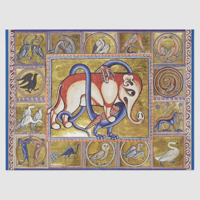 MEDIEVAL BESTIARY,ELEPHANT COMBATTING SNAKE DRAGON TISSUE PAPER (Front)