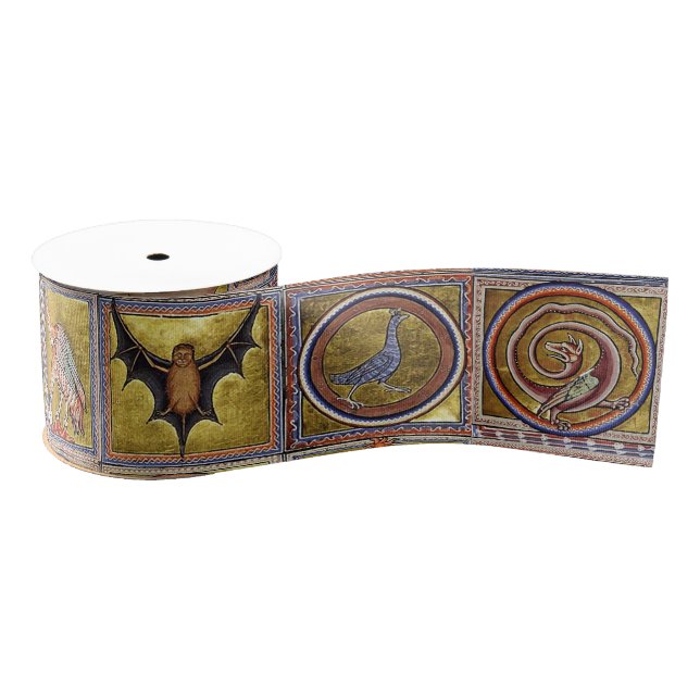 MEDIEVAL BESTIARY, FANTASTIC ANIMALS,GOLD RED BLUE GROSGRAIN RIBBON (Spool)