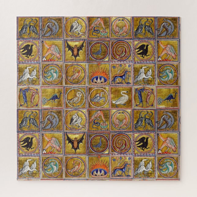 MEDIEVAL BESTIARY, FANTASTIC ANIMALS,GOLD RED BLUE JIGSAW PUZZLE (Vertical)