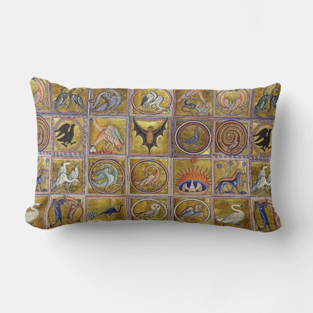 MEDIEVAL BESTIARY, FANTASTIC ANIMALS,GOLD RED BLUE LUMBAR CUSHION (Front)