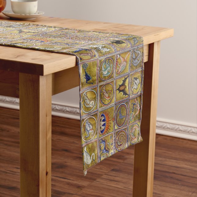 MEDIEVAL BESTIARY, FANTASTIC ANIMALS,GOLD RED BLUE MEDIUM TABLE RUNNER (In Situ)