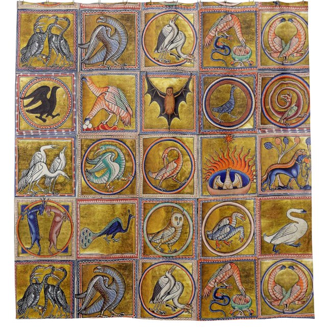 MEDIEVAL BESTIARY, FANTASTIC ANIMALS,GOLD RED BLUE SHOWER CURTAIN (Front)