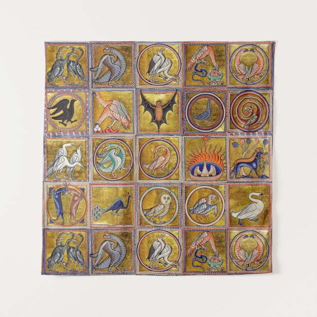 MEDIEVAL BESTIARY, FANTASTIC ANIMALS,GOLD RED BLUE TAPESTRY (Front)