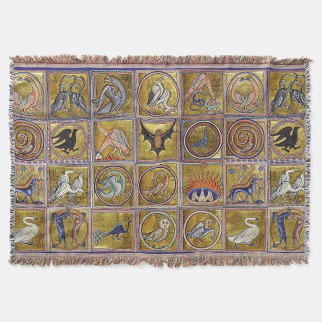 MEDIEVAL BESTIARY, FANTASTIC ANIMALS,GOLD RED BLUE THROW BLANKET (Front)