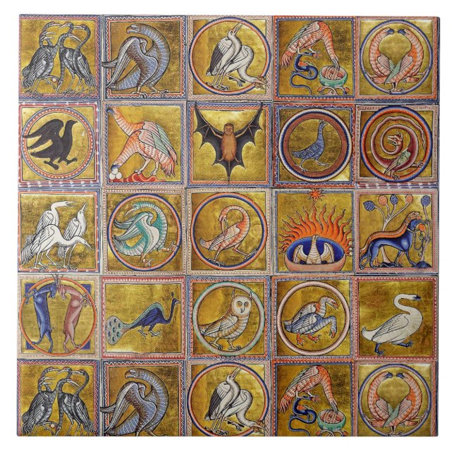 MEDIEVAL BESTIARY, FANTASTIC ANIMALS,GOLD RED BLUE TILE (Front)