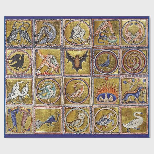 MEDIEVAL BESTIARY, FANTASTIC ANIMALS,GOLD RED BLUE WRAPPING PAPER (Flat)
