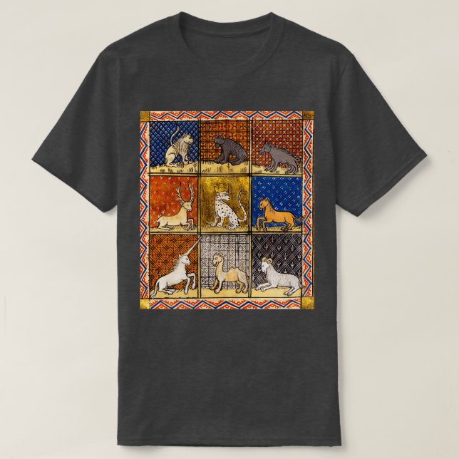 MEDIEVAL BESTIARY FANTASTIC ANIMALS IN GOLD RED BL T-Shirt (Design Front)