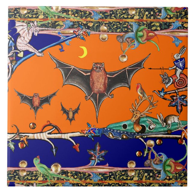 MEDIEVAL BESTIARY,FLYING BATS FOREST ANIMAL Orange Tile (Front)