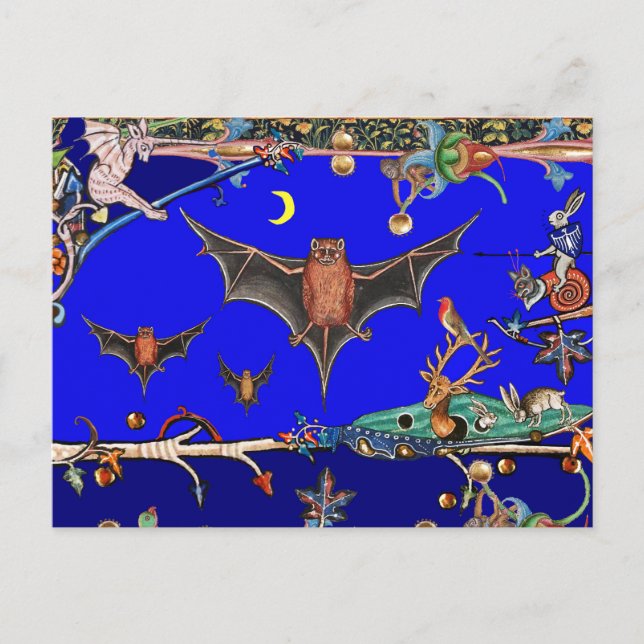 MEDIEVAL BESTIARY,FLYING BATS FOREST ANIMALS Blue Postcard (Front)