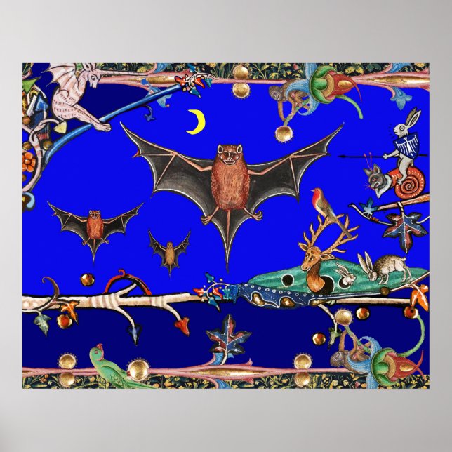MEDIEVAL BESTIARY,FLYING BATS FOREST ANIMALS Blue Poster (Front)