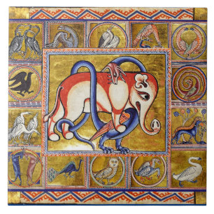 MEDIEVAL BESTIARY,GRYPHON AND WILD BOAR,ANIMALS  TILE
